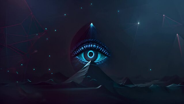 Pushing over a blue alien world towards a pyramid with illuminati eye over it as connections link between the stars and the eye. Background or logo for conspiracy or alien website.