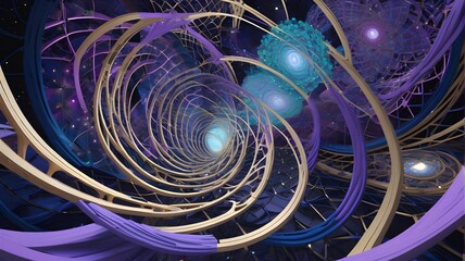 Ethereal Multiverse Tunnels in Shades of Gold, Purple, and Blue.