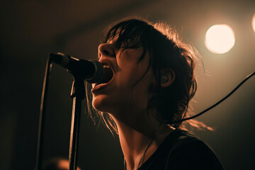 Young Female Vocalist Performing Energetically on Stage