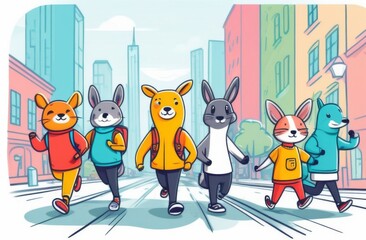 Fototapeta premium Funny animal characters leading an active lifestyle in the city
