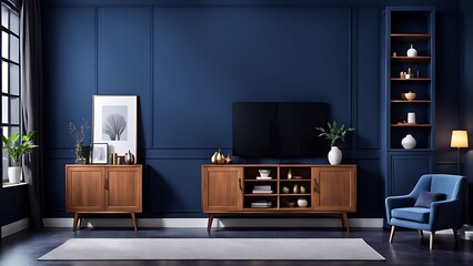  Living room with cabinet for tv on dark blue color wall background 