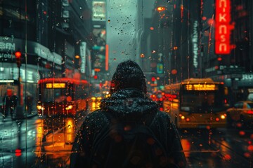 A man with a backpack walks down a city street in the rain at midnight