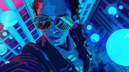 Picture a top-down perspective of a fashion-forward detective in a VR mystery Show her in a tailored suit, sunglasses reflecting digital clues, surrounded by floating holographic evidence in a cyberpu