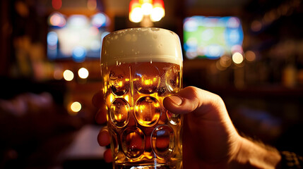 In a cozy pub, a man’s hand holds a glass of beer in a close-up shot