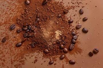 Explosion of ground coffee with roasted beans on one color background - generative ai