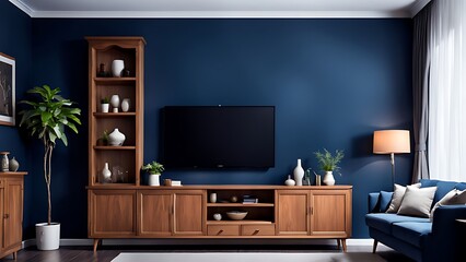  Living room with cabinet for tv on dark blue color wall background 