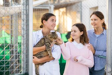 Interested tween girl and her mother standing near outdoor cages for abandoned pets with young...