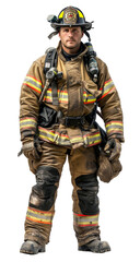Fototapeta premium Brave firefighter in full gear standing isolated on transparent background