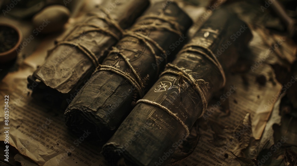 Poster the ancient scrolls are bound with velvet ribbons and adorned with intricate symbols said to hold th