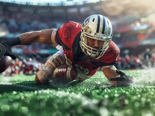 football player in action, diving for the ball on the field during a game.