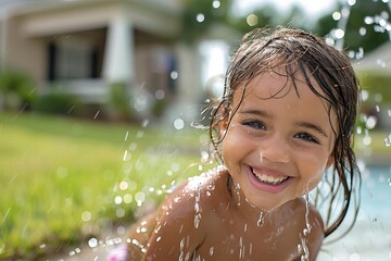 Obraz premium A young girl is playing in a fountain on a hot summer day and is smiling.