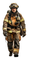 Fototapeta premium Brave firefighter in full gear standing isolated on transparent background