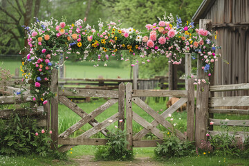 Fototapeta premium A rustic wooden gate adorned with blooming Easter flowers, inviting guests to a joyous celebration.