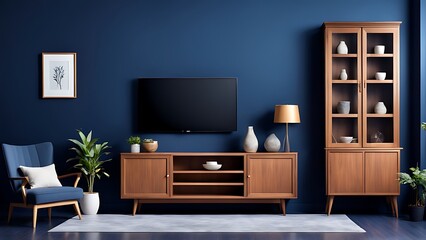  Living room with cabinet for tv on dark blue color wall background 