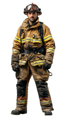 Brave firefighter in full gear standing isolated on transparent background