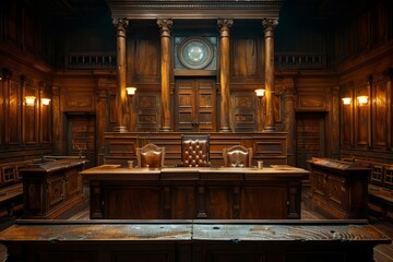 Courtroom interior with hardwood furniture and wooden benches, chairs