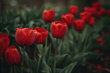 A row of red tulips swaying gently in the breeze.