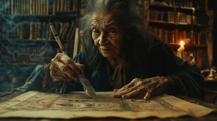 As the witch hunches over her table her wrinkled hands carefully trace the ancient symbols on the parchment with a feather quill. . . - obrazy, fototapety, plakaty