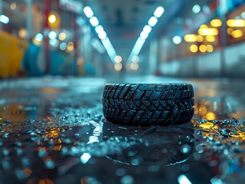 detailed close-up of a tire resting on the ground, showcasing its texture, pattern, and wear with a hint of surrealism.