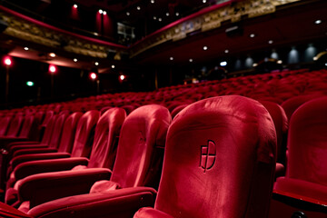 Fototapeta premium A row of red theater seats in a dimly lit auditorium.