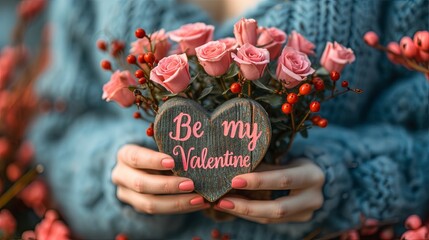 Romantic Valentine's Day Concept with Heart and Roses in Hands