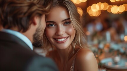 Fototapeta premium Elegant Couple Enjoying a Romantic Dinner in a Chic Restaurant