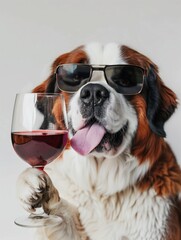 Dog wearing glasses and drinking red wine