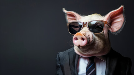 Cool looking greedy pig wearing sunglasses, suit and tie isolated on dark background. Copy space for text on the side.