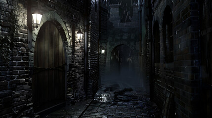Naklejka premium a narrow, dimly lit alleyway between two old brick buildings at night. Let me provide more details: The setting is an eerie, dark alleyway that appears to be deserted