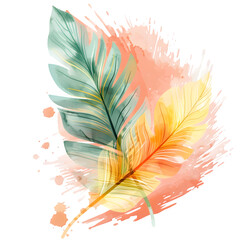 Isolated Watercolor Multicolored Feather Leaf on Transparent Background