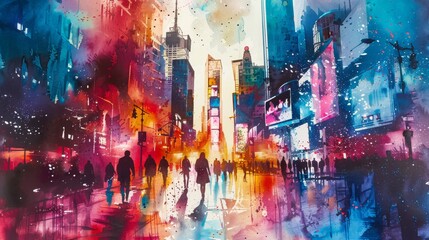 A painting of a city street with people walking