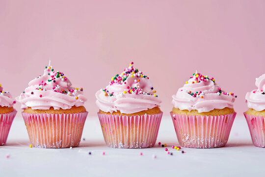 A row of pink cupcakes with pink frosting and sprinkles.