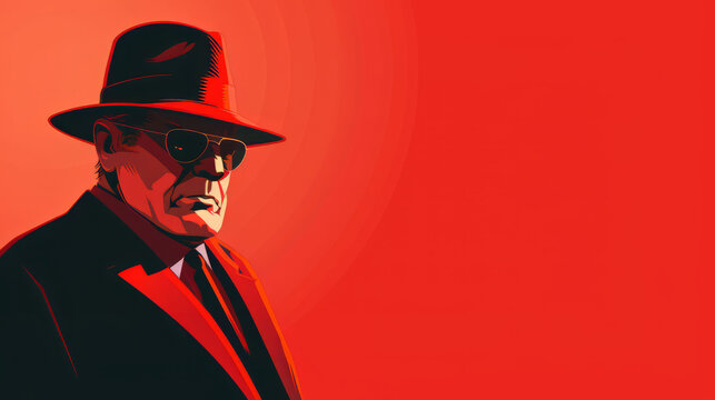 Cool looking mafia boss cartoon character. Minimal vector art cartoon illustration. Copy space on the side.
