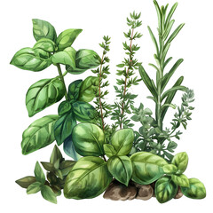 Isolated Herb Collection on Transparent Background - Watercolor Illustration of Basil, Rosemary, Thyme, and Mint