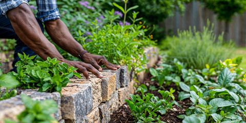Man building a wall block garden border retaining wall, DIY home improvement project, wide, copyspace
