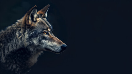 Obraz premium Cool looking wolf isolated on dark background. Copy space for text on the side.