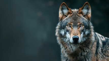 Cool looking wolf looking at camera isolated on dark background. Copy space for text on the side.