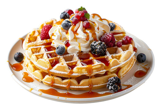 Delicious waffles with berries and syrup isolated on transparent background