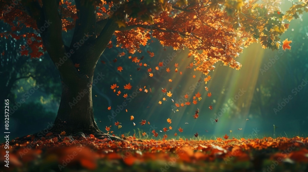 Poster a scene of a tree in autumn with crisp orange and red leaves falling to the ground. but as the viewe