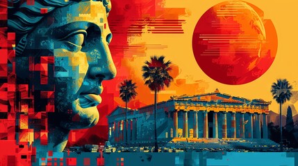 Vibrant Modern Artwork of Classical Greek Sculpture and Architecture
