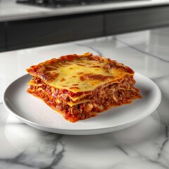 a freshly baked Italian Lasagne al Forno is beautifully layered with golden-browned cheese on top, visible layers of red marinara sauce, and rich ground beef peeking through
