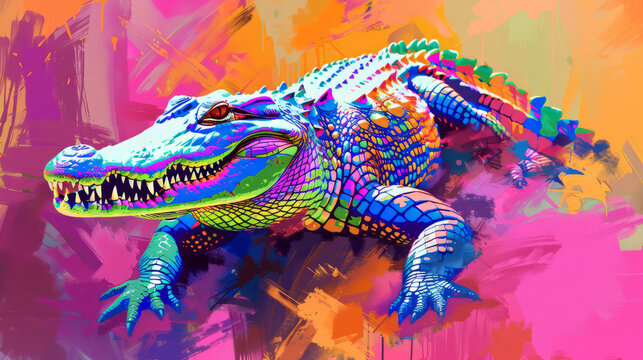 Fototapeta Portrait of crocodile in colorful pop art comic style painting illustration.