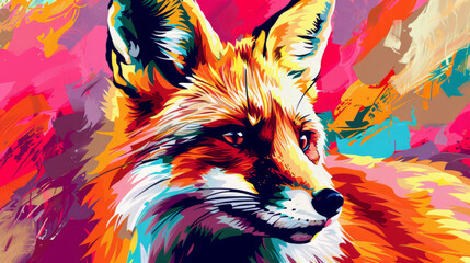 Portrait of fox in colorful pop art comic style painting illustration.