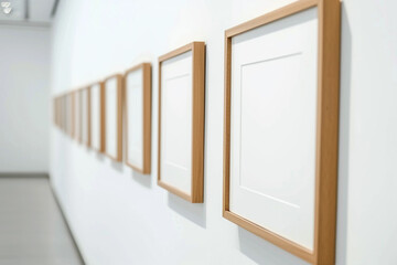 A row of empty picture frames on a white wall.