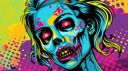 Portrait of female zombie in colorful pop art comic style painting illustration. Halloween theme concept.