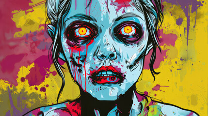 Portrait of female zombie in colorful pop art comic style painting illustration. Halloween theme concept.