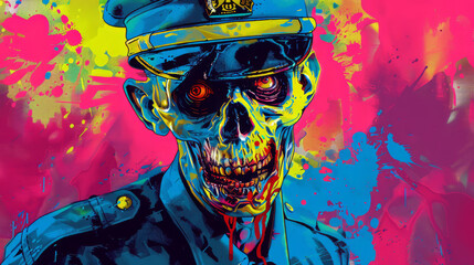 Portrait of police zombie in colorful pop art comic style painting illustration. Halloween theme concept.