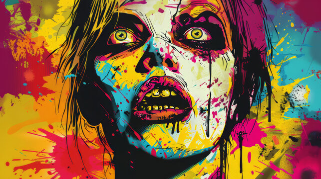 Portrait of female zombie in colorful pop art comic style painting illustration. Halloween theme concept.