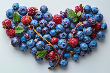 Heartshaped blueberry and raspberry artwork on a white background