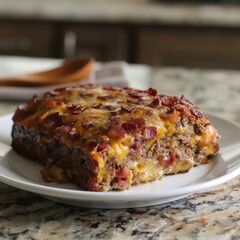 a gourmet bacon-cheese infused beef loaf freshly baked and served
